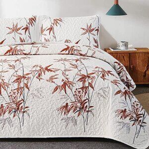 New Botanical Burnt Orange 3-Piece 100% Polyester Quilt Set • Reversible • KING